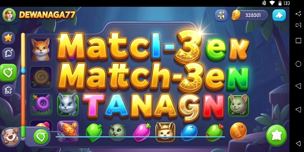 Screenshot DEWANAGA77 menampilkan gameplay Match-3 yang seru dan penuh warna.