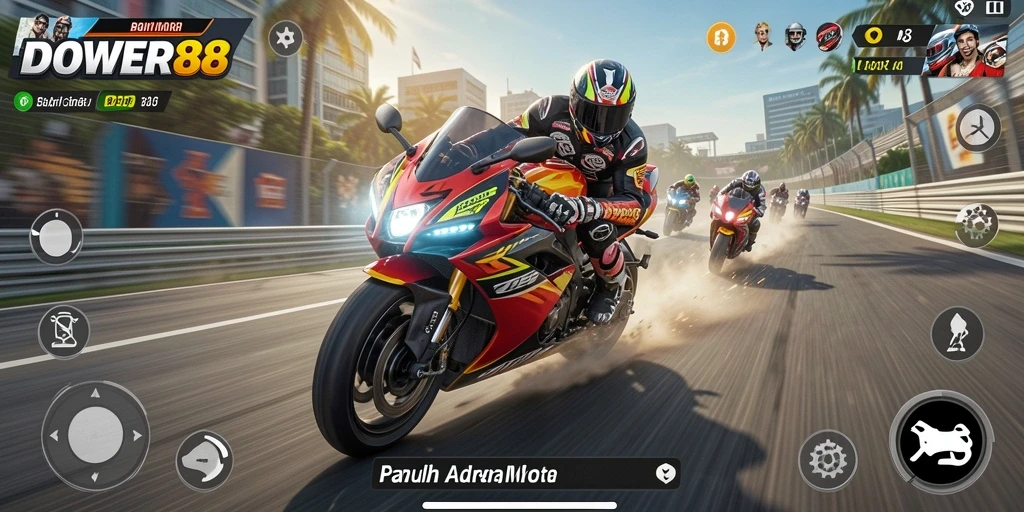 Gameplay seru dalam DOWER88 saat balapan motor.