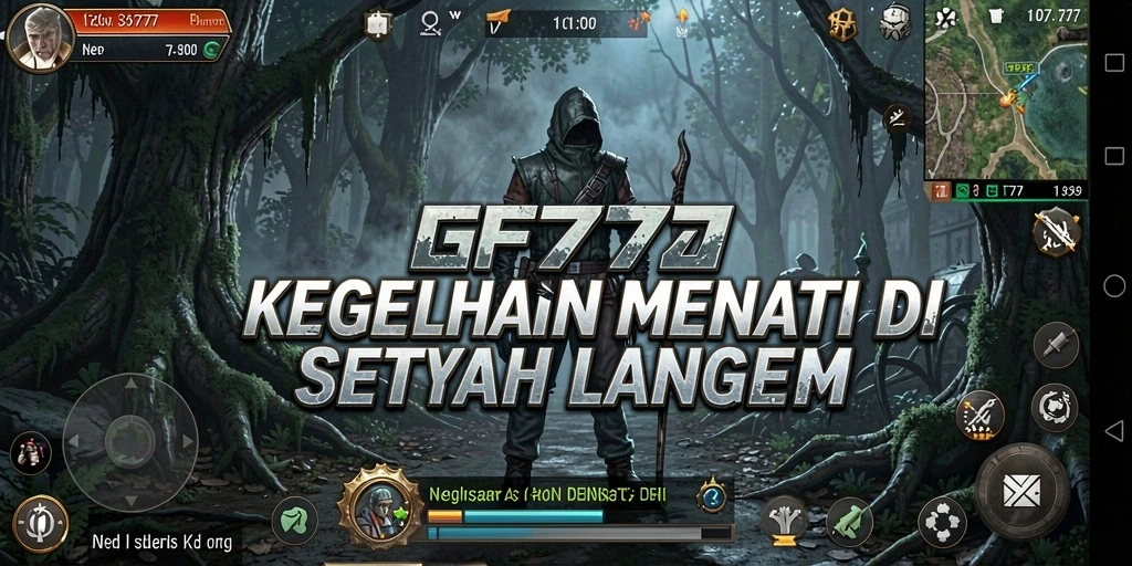 Screenshot gameplay <strong>GF777</strong> menampilkan suasana horor yang mencekam dan karakter misterius.