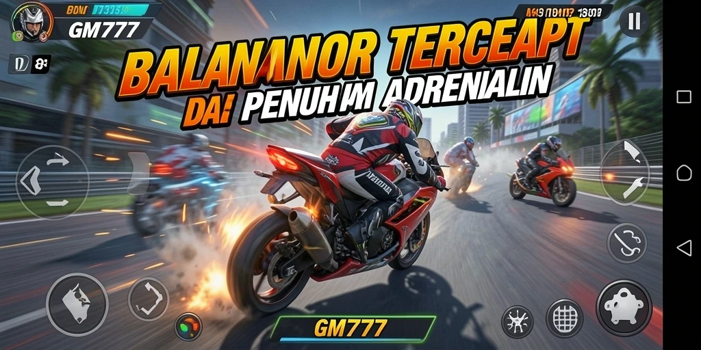Tampilan gameplay seru dalam GM777 dengan balapan motor yang menegangkan.