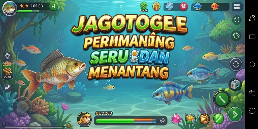 Tampilan gameplay seru dalam JAGOTOGEL saat memancing di danau.