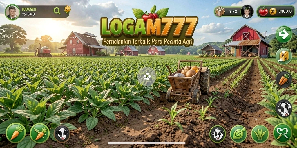 Tangkapan layar gameplay LOGAM777 yang menampilkan aktivitas bertani yang seru.