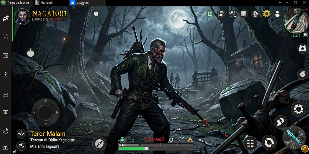 Screenshot gameplay NAGA1001 menampilkan suasana menyeramkan yang mencekam.