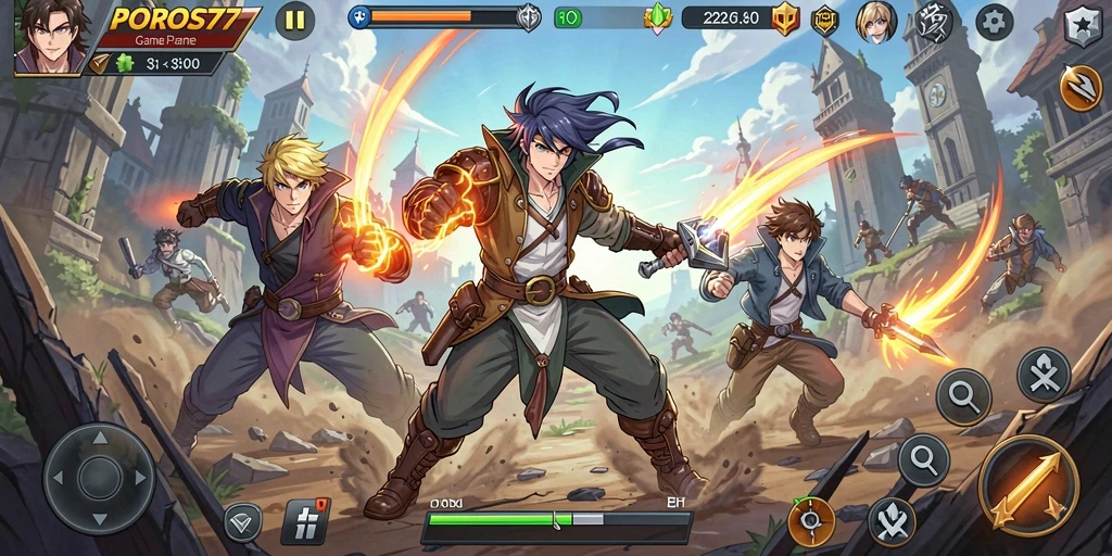 Tampilan gameplay POROS77 yang menarik dan penuh warna dari dunia Anime.