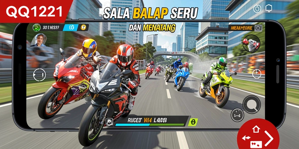 Screenshot gameplay QQ1221 menampilkan aksi balap motor yang mendebarkan.
