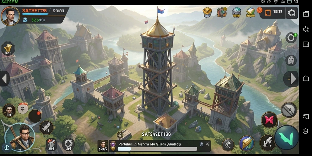 Screenshot gameplay SATSET138 menunjukkan menara bertahan melawan gelombang musuh.