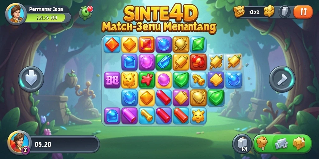 Screenshot utama menunjukkan gameplay SINTE4D yang penuh warna dan tantangan.