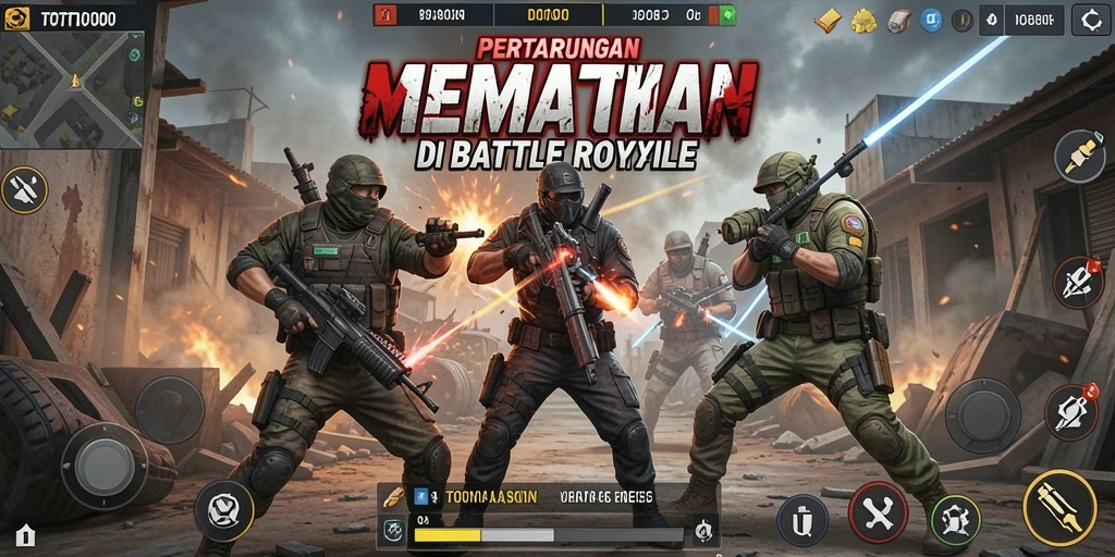 Screenshot menunjukkan aksi mendebarkan dalam permainan Battle Royale TOTO1000.