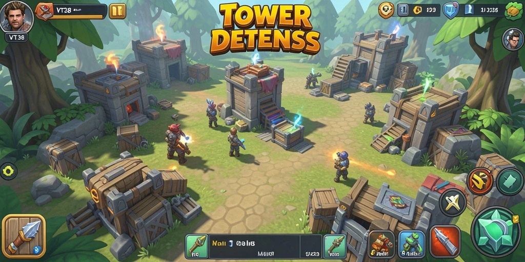 Tampilan menara yang beragam dalam game Tower Defense VT38.